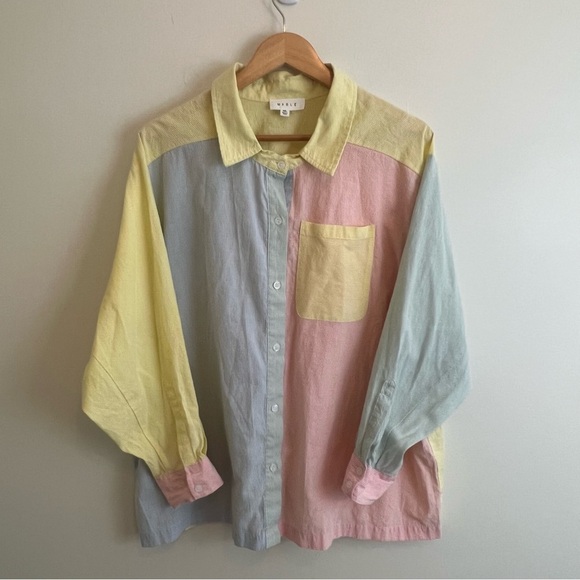 Mable Hazel Color Block Long Sleeve Button Down Shirt Relaxed Fit M/L Pastel - Picture 2 of 9